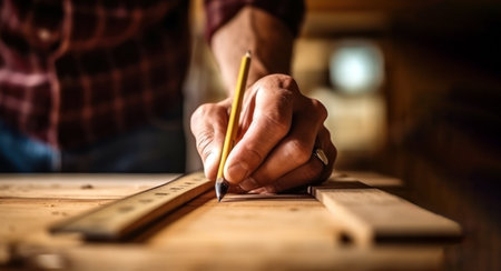 Carpenter working on wood, wood carving. Old man hands holding a tool closeup. Generative AI.の素材