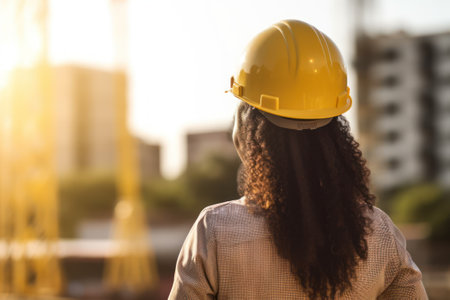 Woman working in a construction site wearing a yellow safety hardhat. Generative AIの素材