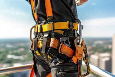 Construction worker climber on a site wearing construction safety equipment working at a  height, Generative AIの素材