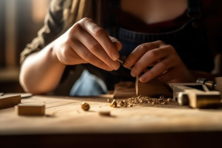 Closeup of carpenter hands at a workshop, measuring the wood. Generative AIの素材