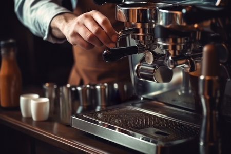 Barista hand and espresso pouring in a cup in a cafe shop. Coffee maker machine closeup, professional portafilter.の素材
