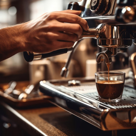 Barista hand and espresso pouring in a cup in a cafe shop. Coffee maker machine closeup, professional portafilter.の素材