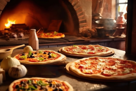 Italian restaurant kitchen interior with traditional wood fired brick oven, fresh pizzas and ingredients on the table.の素材