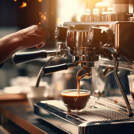 Barista hand and espresso pouring in a cup in a cafe shop. Coffee maker machine closeup, professional portafilter.の素材