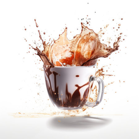 Cup of coffee with splashes of chocolate isolated on white background generative aiの素材