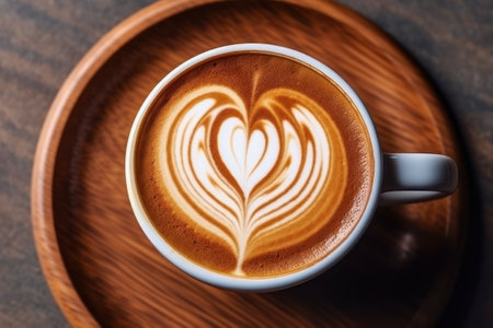 Cup of coffee with milk and heart shape foam, hot chocolate or cappuccino. Generative AIの素材