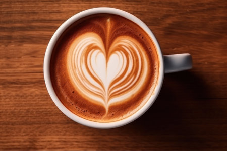 Cup of coffee with milk and heart shape foam, hot chocolate or cappuccino. Generative AIの素材