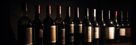 Wine bottles in a row, dark wine cellar on the background, Generative AIの素材