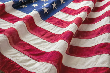 US America flag wave background closeup, USA National Holiday, Memorial and Independence day, July 4th conceptの写真素材