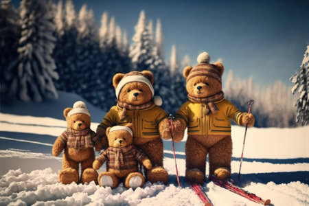 Teddy bear kids dad in ski resort, family Winter holidays, background, Generative AIの素材
