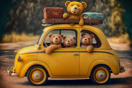 Teddy bear family in a car, sandy beach background, summer holidays. Generative AIの素材
