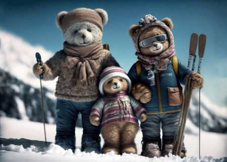 Teddy bear kids dad in ski resort, family Winter holidays, background, Generative AIの素材