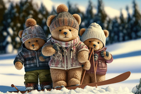 Teddy bear kids dad in ski resort, family Winter holidays, background, Generative AIの素材