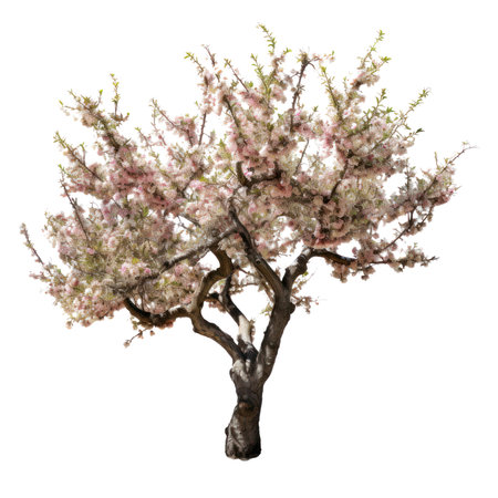 Almond tree isolated on transparent background, Blooming tree, Spring pink and white blossoms, Generative AIの素材