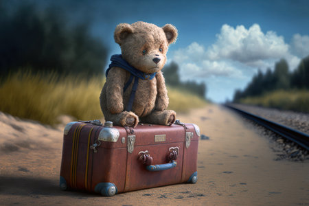 Teddy bear in a suitcase on the roard. Travel concept. Generative AIの素材