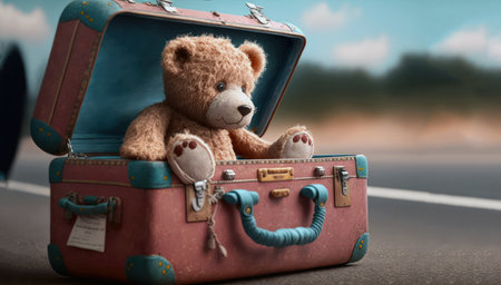Teddy bear in a suitcase on the roard. Travel concept. Generative AIの素材