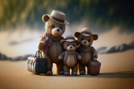 Teddy bear family with a suitcase on the roard. Travel tourism concept. Generative AIの素材