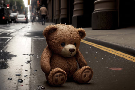 Teddy bear sitting on the street. Sad abandoned little toy on the asphalt. Generative AIの素材