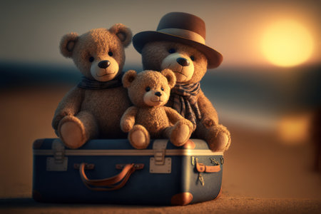 Teddy bear family with a suitcase on the roard. Travel tourism concept. Generative AIの素材