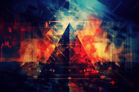 multi-dimensional digital geometry in cyberspace, featuring a complex, layered network of geometric triangles, reflecting the intricacies of a futuristic, virtual worldの素材