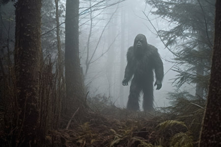 Bigfoot sighting in the depths of a forest. The silhouette of the elusive creature enhances the suspense, evoking tales of myth and legend that surround this icon of cryptozoologyの素材