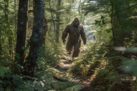 Bigfoot sighting in the depths of a forest. The silhouette of the elusive creature enhances the suspense, evoking tales of myth and legend that surround this icon of cryptozoologyの素材
