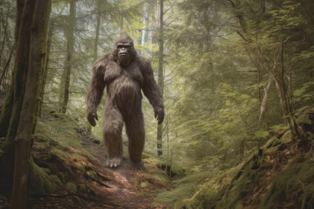 Bigfoot sighting in the depths of a forest. The silhouette of the elusive creature enhances the suspense, evoking tales of myth and legend that surround this icon of cryptozoologyの素材