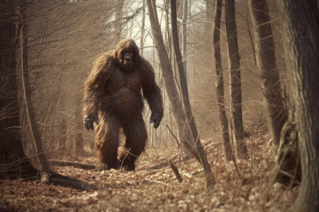 Bigfoot sighting in the depths of a forest. The silhouette of the elusive creature enhances the suspense, evoking tales of myth and legend that surround this icon of cryptozoologyの素材
