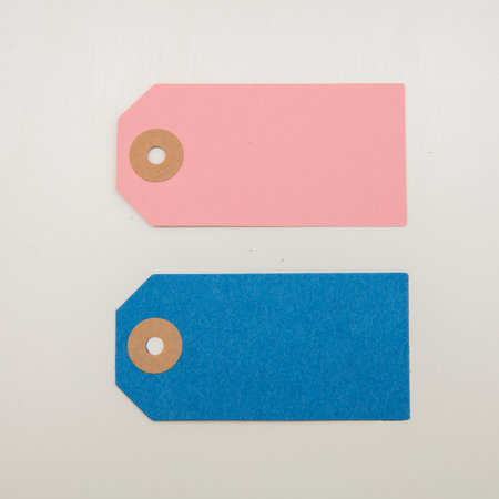 Blue and pink color empty gift cards, Blank price tags isolated on transparent background.の写真素材