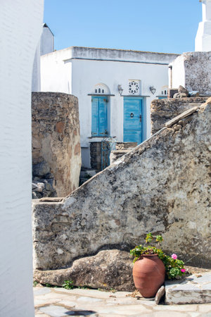 Greece. Tinos island Cyclades. house at Volax village, Tinos traditional architecture, marble lintel over door and windowの写真素材