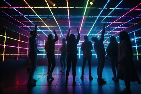 Clubbing, night out for dance and fun, silhouettes of people in a nightclub. Generative AIの素材