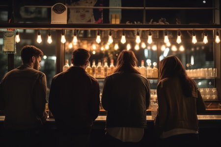 Friends out for alcohol drink, back view. bar interior at night. Generative AIの素材