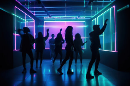 Clubbing, night out for dance and fun, silhouettes of people in a nightclub. Generative AIの素材
