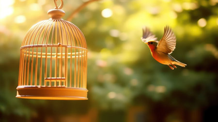 Bird cage empty, escape, freedom concept, Generative AIの素材
