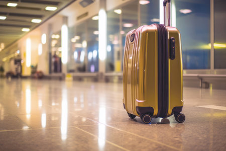 Luggage at the airport, Travel bag suitcase left at the terminal. Generative AIの素材