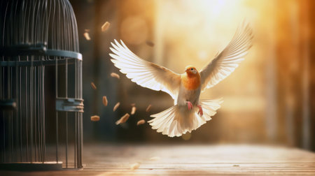Bird cage empty, escape, freedom concept, Generative AIの素材