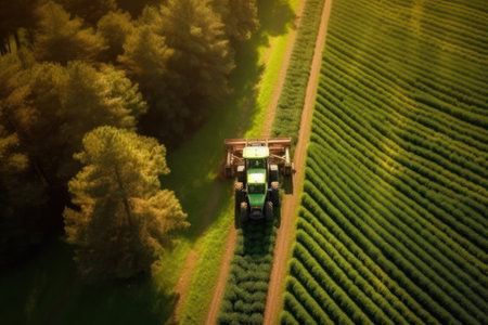 Tractor on the field aerial view. Agriculture and machinery work. Generative AIの素材