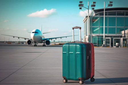 Luggage at the airport, Travel bag suitcase left at the terminal. Generative AIの素材