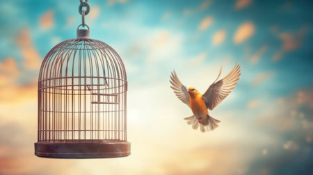 Bird cage empty, escape, freedom concept, Generative AIの素材