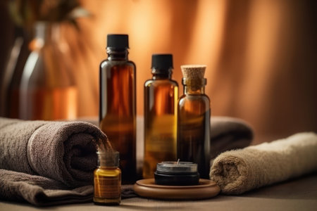 Spa setting with essential oil bottles and towels closeup. Generative AIの素材