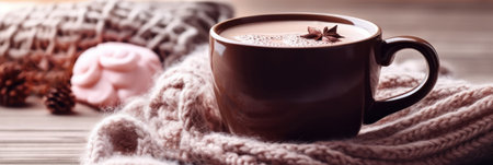 Cup of chocolate with whipped cream on table, hot beverageの素材