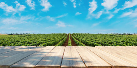 Empty table in vineyard, Sunny day in nature. Template for product presentation. 3d renderの写真素材