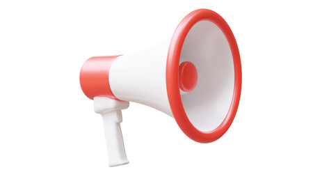 Red portable Bullhorn Megaphone Speaker isolated on white, announcement concept. 3d renderの写真素材