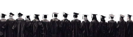 ollege graduation. Graduates in a row wearing cap and gown rear view isolated on whiteの素材