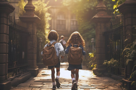 Back to school. Students with backpacks arriving to school, rear viewの素材