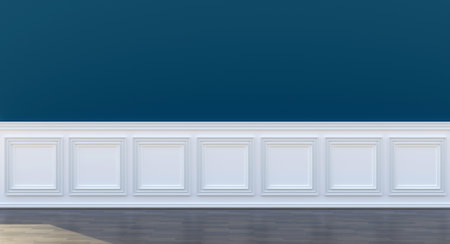 Classic white wainscot on empty blue wall. Retro panel wall and wooden floor room interior background. Beadboard wood decoration. 3d renderの写真素材