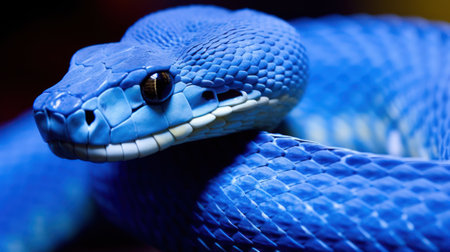 A blue viper snake on branch against black backgroundの素材