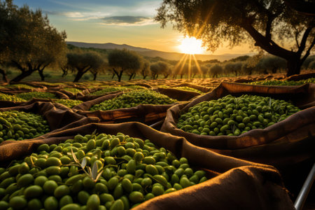 Olive grove harvest season. Ripe green olives in cloth sacks sunset time.の素材