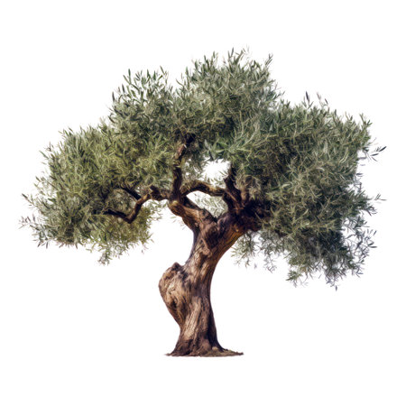 Olive tree isolated on white background, green foliage and trunk,の素材