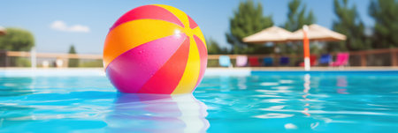 Colorful beach ball on swimming pool water, inflatable summer vacation toy, closeupの素材